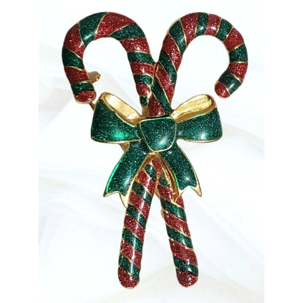 VTG Double Candy Cane Brooch Pin Christmas Enamel Glitter Gold Stripes Bow AAi